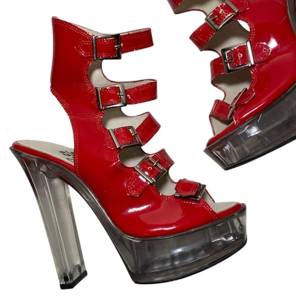 ‼️NOW SOLD‼️1990s RARE “Hot Peppers” Custom Red Strappy Buckle Platform Heels - Picture 2 of 5